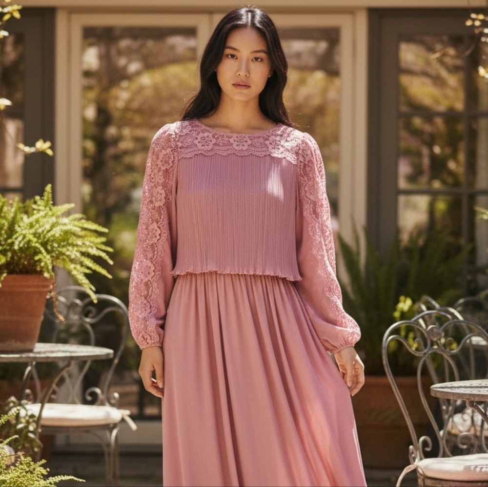 Romantic Elegant Dusty Blush Pink Dress Lace Handmade Handcrafted Soft Coquette